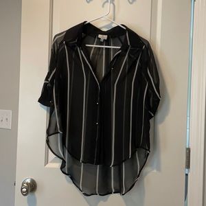 See through black and white striped button down